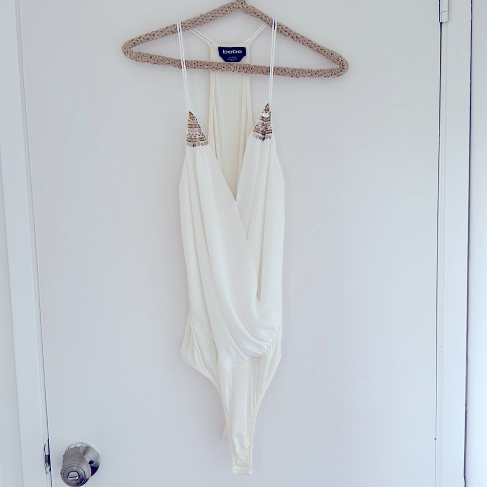 Bebe body suit white off white with gold embroiderie M